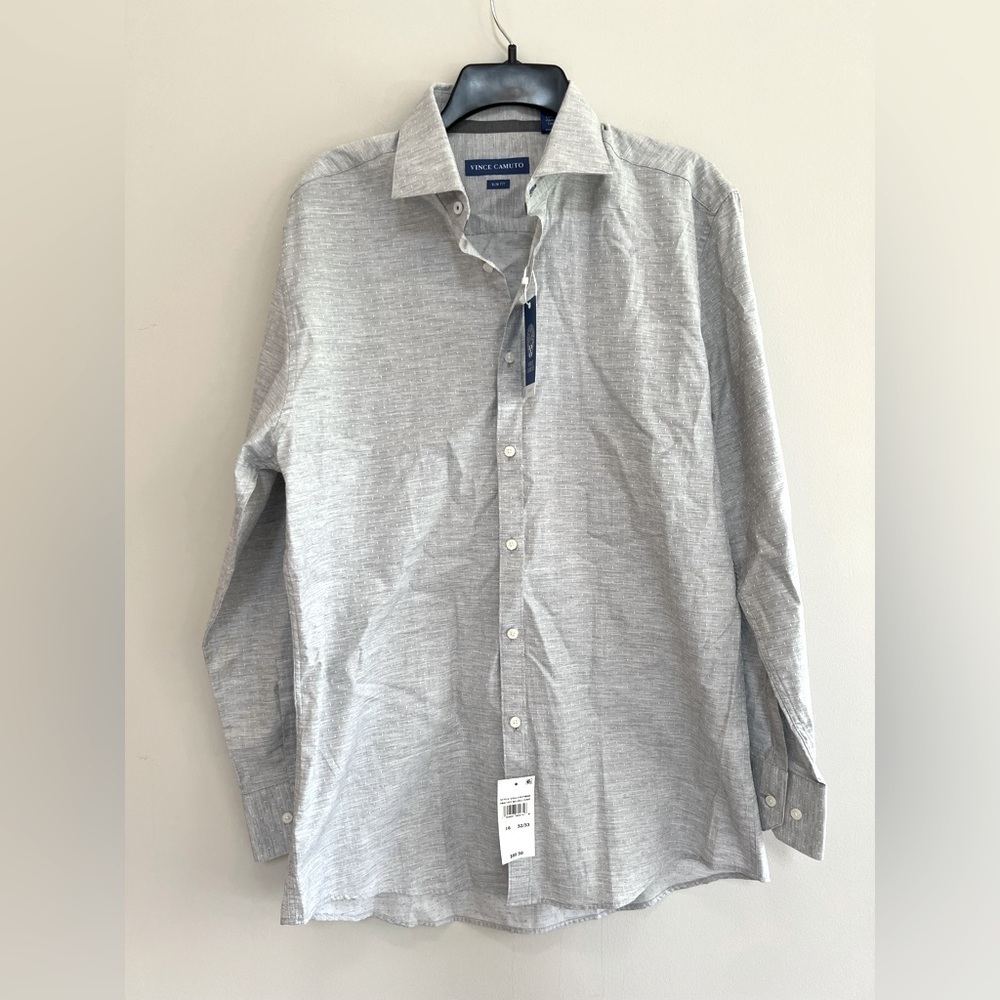 NWT Vince Camuto Grey Melange Dobby Slim Fit Button Down Dress Shirt, 32/33